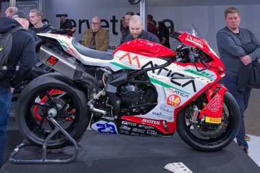 Pasila, Helsinki, Finland - 2.3.2024: MV Agusta F3 RC racing motorcycle on display at MP 24 Motorcycle fair at Messukeskus Helsinki (Expo and Convention Centre).
