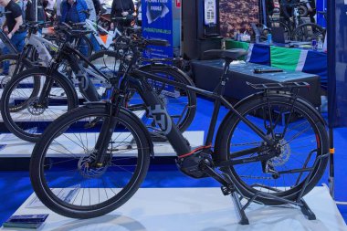 Pasila, Helsinki, Finland - 2.3.2024: Husqvarna Gran Tourer 3 electric bike on display at MP 24 Motorcycle fair at Messukeskus Helsinki (Expo and Convention Centre).