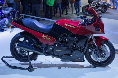 Pasila, Helsinki, Finland - 2.3.2024: Custom Bike Suzuki Hayabusa Turbo motorcycle on display at MP 24 Motorcycle fair at Messukeskus Helsinki (Expo and Convention Centre).