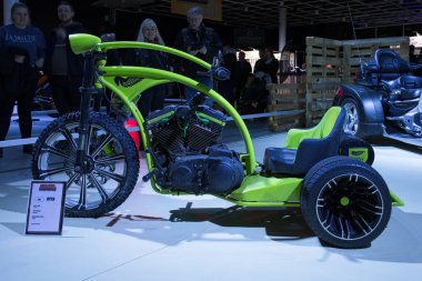 Pasila, Helsinki, Finland - 2.3.2024:  Custom Bike Homeade Buell Trike motorcycle on display at MP 24 Motorcycle fair at Messukeskus Helsinki (Expo and Convention Centre).