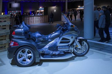 Pasila, Helsinki, Finland - 2.3.2024:  Custom Bike Honda Gold Wing Trike motorcycle on display at MP 24 Motorcycle fair at Messukeskus Helsinki (Expo and Convention Centre).