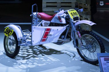Pasila, Helsinki, Finlandiya - 2.3.2024: Klasik Racing Yamaha-Wasp TR-1 motosikleti Messukeskus Helsinki 'deki MP 24 Motosiklet Fuarında sergileniyor (Fuar ve Fuar Merkezi)).