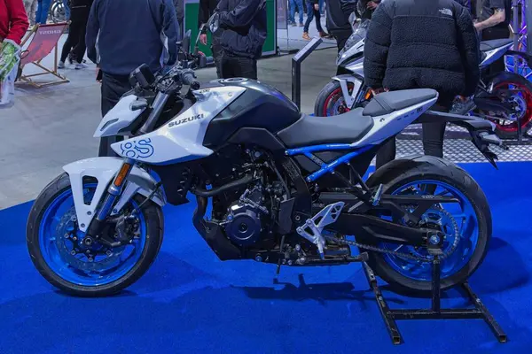 stock image Pasila, Helsinki, Finland - 2.3.2024: Suzuki GSX  8S motorcycle on display at MP 24 Motorcycle fair at Messukeskus Helsinki (Expo and Convention Centre).