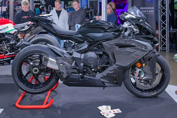 Pasila, Helsinki, Finland - 2.3.2024: MV Agusta F3 RR motorcycle on display at MP 24 Motorcycle fair at Messukeskus Helsinki (Expo and Convention Centre).