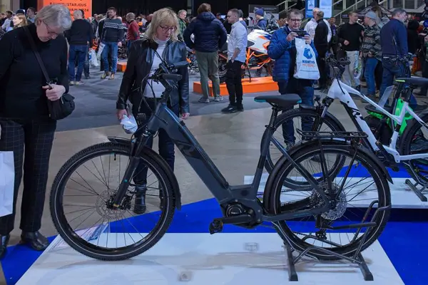 Pasila, Helsinki, Finland - 2.3.2024: Raymon Tourray E 6.5 electric bike on display at MP 24 Motorcycle fair at Messukeskus Helsinki (Expo and Convention Centre).
