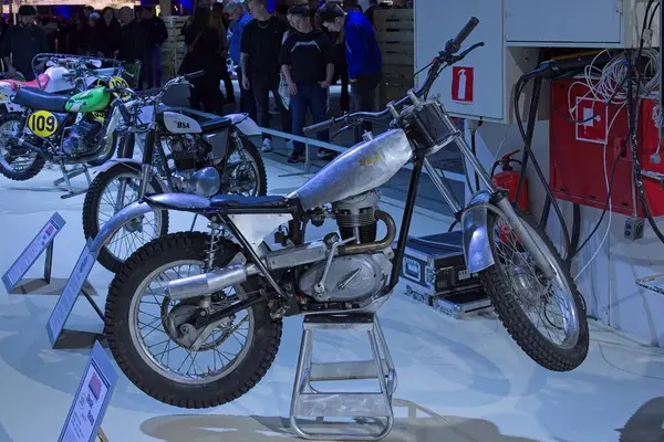 stock image Pasila, Helsinki, Finland - 2.3.2024:  Classic Racing BSA C15 motorcycle on display at MP 24 Motrorcycle fair at Messukeskus Helsinki (Expo and Convention Centre).