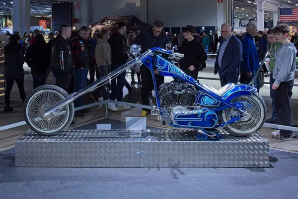 stock image Pasila, Helsinki, Finland - 2.3.2024:  Custom Peace-Chopper motorcycle on display at MP 24 Motrorcycle fair at Messukeskus Helsinki (Expo and Convention Centre).