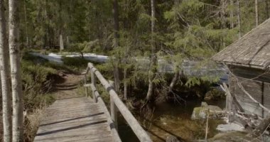 Güneşli bahar havasında yaşlı Lounatkoski su değirmeninin manzarası, Hossa, Suomussalmi, Finlandiya.