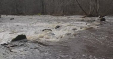 Nukarinkoski 'nin sonbaharda Nukari, Nurmijarvi, Finlandiya' da Vantaanjoki nehri üzerindeki akıntılarının görüntüsü.