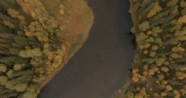 Sonbaharda Kitkajoki Nehri 'nin havadan görünüşü, Oulanka Ulusal Parkı, Laponya, Finlandiya.