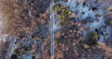 Kışın çakıl yolu ile tepeden aşağı manzaralı orman ağaçlarının havadan görünüşü, Kopparnas, Finlandiya.