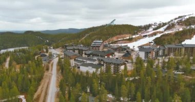 Ruka, Kuusamo, Finland - May 17, 2022: Aerial view of Ruka ski resort in cloudy spring weather, Kuusamo, Finland.