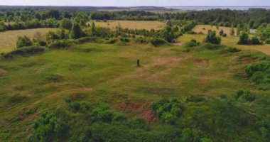 Antik Muhu kır kalesinin havadan görünüşü, ortasında bir anıt bulunan yuvarlak bir avluyu çevreleyen surlar, yazın düz tarlalarla çevrili, Linnuse, Muhu, Estonya.