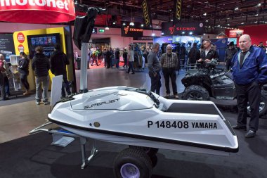 Pasila, Helsinki, Finlandiya 31 Ocak. 2025: Yamaha Superjet deniz aracı Messukeskus Helsinki 'deki MP 25 Motosiklet Fuarında sergileniyor (Fuar ve Kongre Merkezi).