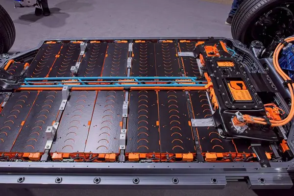 Pasila, Helsinki, Finlandiya 14 Mart. 2025: AUTO 25 ve Messukeskus Helsinki 'deki Volvo elektrikli araba aküsü, güç bağlantıları ve motorun ayrıntılı görünümü.