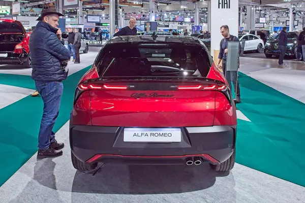 Pasila, Helsinki, Finlandiya 14 Mart. 2025: AUTO 25 'te Alfa Romeo Junior arabası ve Messukeskus Helsinki' de Mobilite Show.