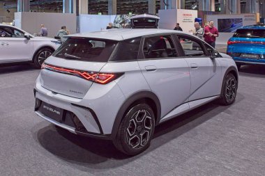 Pasila, Helsinki, Finlandiya 14 Mart. 2025: AUTO 25 'te Byd Dolphin elektrikli araba ve Messukeskus Helsinki' de Mobilite Şovu.