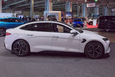 Pasila, Helsinki, Finlandiya 14 Mart. 2025: AUTO 25 'te Byd Seal elektrikli araba ve Messukeskus Helsinki' de Mobilite Show.