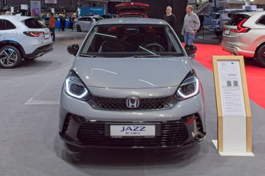 Pasila, Helsinki, Finlandiya 14 Mart. 2025: AUTO 25 'te Honda Jazz Hybrid İleri Spor Araba ve Messukeskus Helsinki' de Mobilite Şovu.