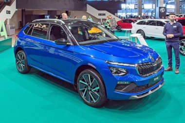 Pasila, Helsinki, Finlandiya 14 Mart. 2025: Skoda Kamig 1.0 TSI 116 Biçim DSG Autom. AUTO 25 ve Messukeskus Helsinki 'de Mobilite Şovu.