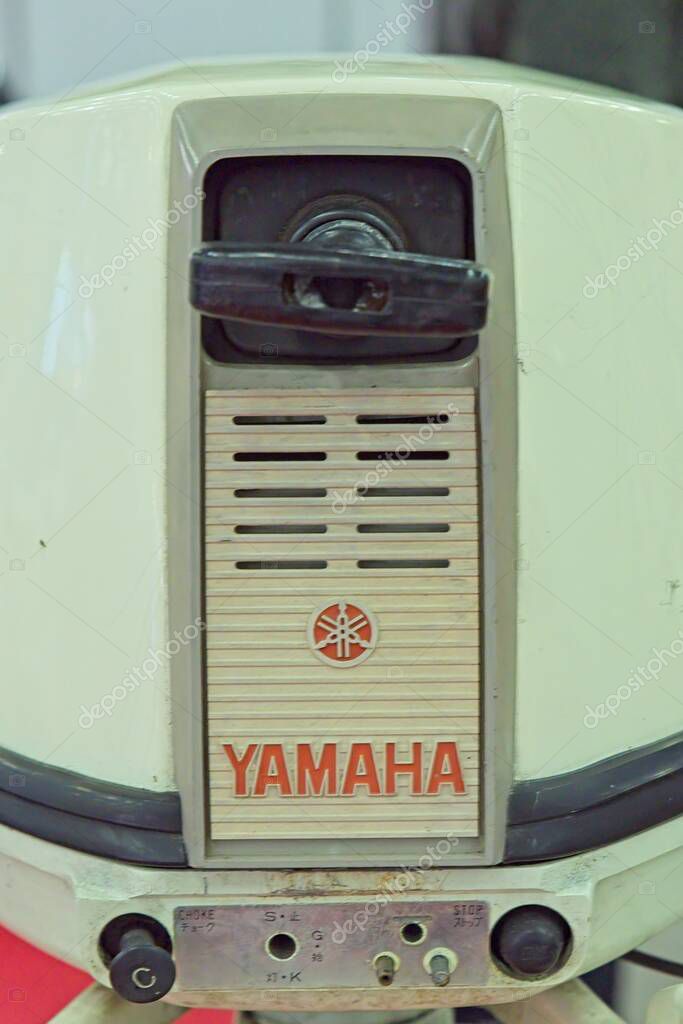 Pasila, Helsinki, Finland  February 12. 2025: Closeup of old Yamaha logo on outboard motor at Vene (Boat) 2025 show at Messukeskus Helsinki.