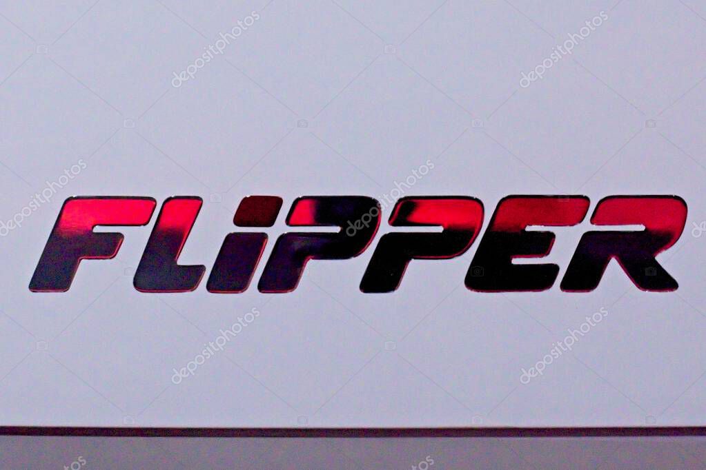 Pasila, Helsinki, Finland  February 12. 2025: Closeup of Flipper logo on boat at Vene (Boat) 2025 show at Messukeskus Helsinki.