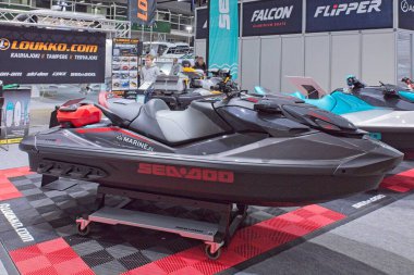 Pasila, Helsinki, Finlandiya 12 Şubat. 2025: Vene 'deki Sea Doo GTR X şahsi su aracı (Boat) 2025 Messukeskus Helsinki' de sergileniyor.