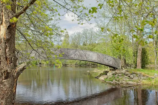 Veli Saarinen Parkı 'ndaki tahta köprü Virojoki nehrinde bulutlu bahar havasında bir adaya çıkıyor, Virojoki, Finlandiya.
