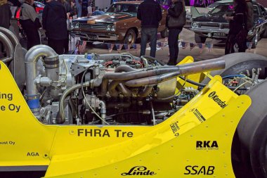 Pasila, Helsinki, Finlandiya, 4 Nisan. 2025: Yarışma Dragster Toyota IMSA motoru (1998) Orijinal Amerikan Araba Fuarı ACS25 Helsinki Messukeskus Fuarı ve Kongre Merkezi 'nde.