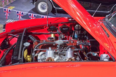 Pasila, Helsinki, Finlandiya, 4 Nisan. 2025: MGB Roadster 1800 motor (1963) Orijinal Amerikan Araba Fuarı ACS25 gösterisi Helsinki Messukeskus Fuar ve Kongre Merkezi.