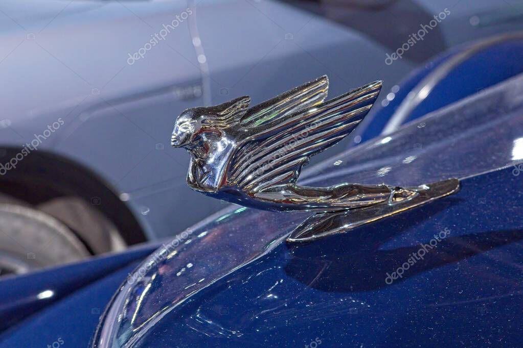 Pasila, Helsinki, Finland,  April 4. 2025: Cadillac Imperial Sedan V12 hood logo (1938) car at Original American Car Show ACS25 show at Helsinki Messukeskus Expo and Convention Centre.