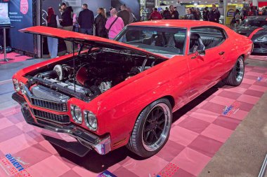 Pasila, Helsinki, Finlandiya, 4 Nisan. 2025: Chevrolet Chevelle (1970) Orijinal Amerikan Araba Fuarı ACS25 Helsinki Messukeskus Fuar ve Kongre Merkezi 'nde sergilenmektedir..