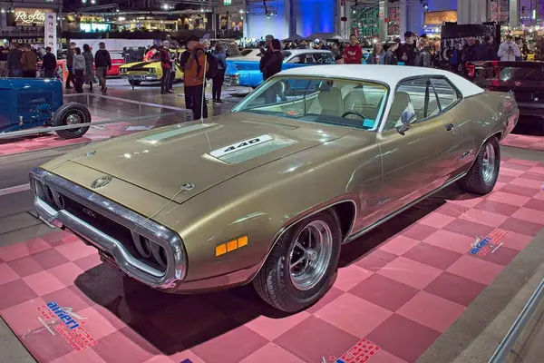 Pasila, Helsinki, Finlandiya, 4 Nisan. 2025: Plymouth GTX 440 (1971) Orijinal Amerikan Araba Fuarı ACS25 Helsinki Messukeskus Fuar ve Kongre Merkezi 'nde sergilenmektedir..