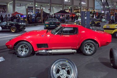 Pasila, Helsinki, Finlandiya, 4 Nisan. 2025: Sontek Chevrolet Corvette Sting Ray (1972) Orijinal Amerikan Otomobil Fuarı ACS25 Helsinki Messukeskus Fuarı ve Kongre Merkezi 'nde.