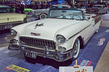 Pasila, Helsinki, Finlandiya, 4 Nisan. 2025: Chevrolet Bel-Air Convertible (1955) Orijinal Amerikan Araba Fuarı ACS25 Helsinki Messukeskus Fuarı ve Kongre Merkezi 'nde sergilenmektedir..