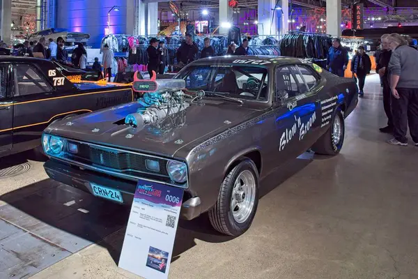 Pasila, Helsinki, Finlandiya, 4 Nisan. 2025: Plymouth Duster (1970) Orijinal Amerikan Araba Fuarı ACS25 Helsinki Messukeskus Fuar ve Kongre Merkezi 'nde sergilenmektedir..