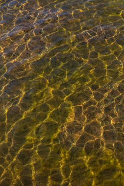 Arka planda güneş ışığı yansıması olan dalga suyunun altın rengi yakın plan görüntüsü.