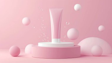 Kozmetik modelleme için küreleri ve tüpleri olan pembe bir pastel arka plan..
