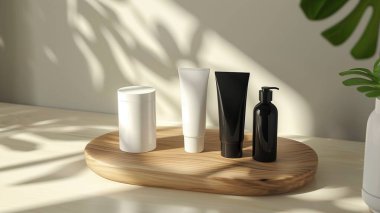 Tahta tepside beyaz ve siyah cilt tüpleri..