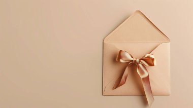 Tarafsız bej arka planda altın kurdeleli bir zarfın maketi..