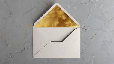 Üzerinde altın folyo olan bir zarf, üstü açık, gri bir arkaplanda.. 