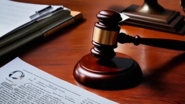 Geleneksel ahşap tokmak resmi olarak parlak ahşap bir masaya dayanır..