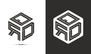 Çizer küp logosuna sahip QRD harf logosu tasarımı, vektör logosu modern alfabe yazı tipi çakışma stili. Birinci sınıf iş logosu simgesi. Siyah arkaplanda beyaz renk