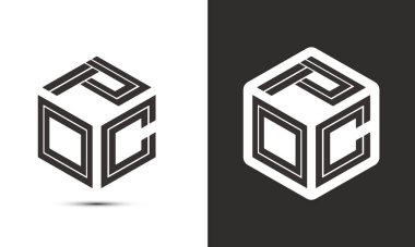 Ressam kübü logosuna sahip POC harfi logosu tasarımı, vektör logosu modern alfabe yazı tipi çakışma stili. Birinci sınıf iş logosu simgesi. Siyah arkaplanda beyaz renk