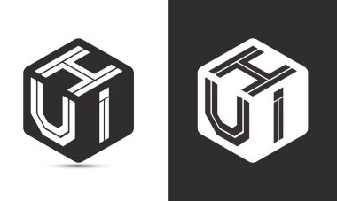 İllüstratör küp logosuna sahip HUI harf logosu tasarımı, vektör logosu modern alfabe yazı tipi çakışma stili. Birinci sınıf iş logosu simgesi. Siyah arkaplanda beyaz renk