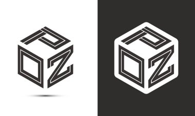 Ressam kübü logosuna sahip POZ harfi logosu tasarımı, vektör logosu modern alfabe yazı tipi çakışma stili. Birinci sınıf iş logosu simgesi. Siyah arkaplanda beyaz renk