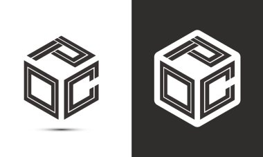 Ressam kübü logosuna sahip POC harfi logosu tasarımı, vektör logosu modern alfabe yazı tipi çakışma stili. Birinci sınıf iş logosu simgesi. Siyah arkaplanda beyaz renk