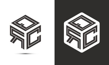 Çizer küp logosuna sahip QRC harf logosu tasarımı, vektör logosu modern alfabe yazı tipi çakışma stili. Birinci sınıf iş logosu simgesi. Siyah arkaplanda beyaz renk