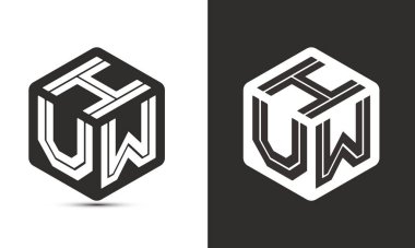 HUW harfli logo tasarımı illüstratör küp logosu, vektör logosu modern alfabe yazı tipi çakışma stili. Birinci sınıf iş logosu simgesi. Siyah arkaplanda beyaz renk