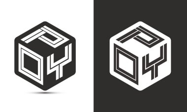 Ressam kübü logosuna sahip POY harfi logosu tasarımı, vektör logosu modern alfabe yazı tipi çakışma stili. Birinci sınıf iş logosu simgesi. Siyah arkaplanda beyaz renk